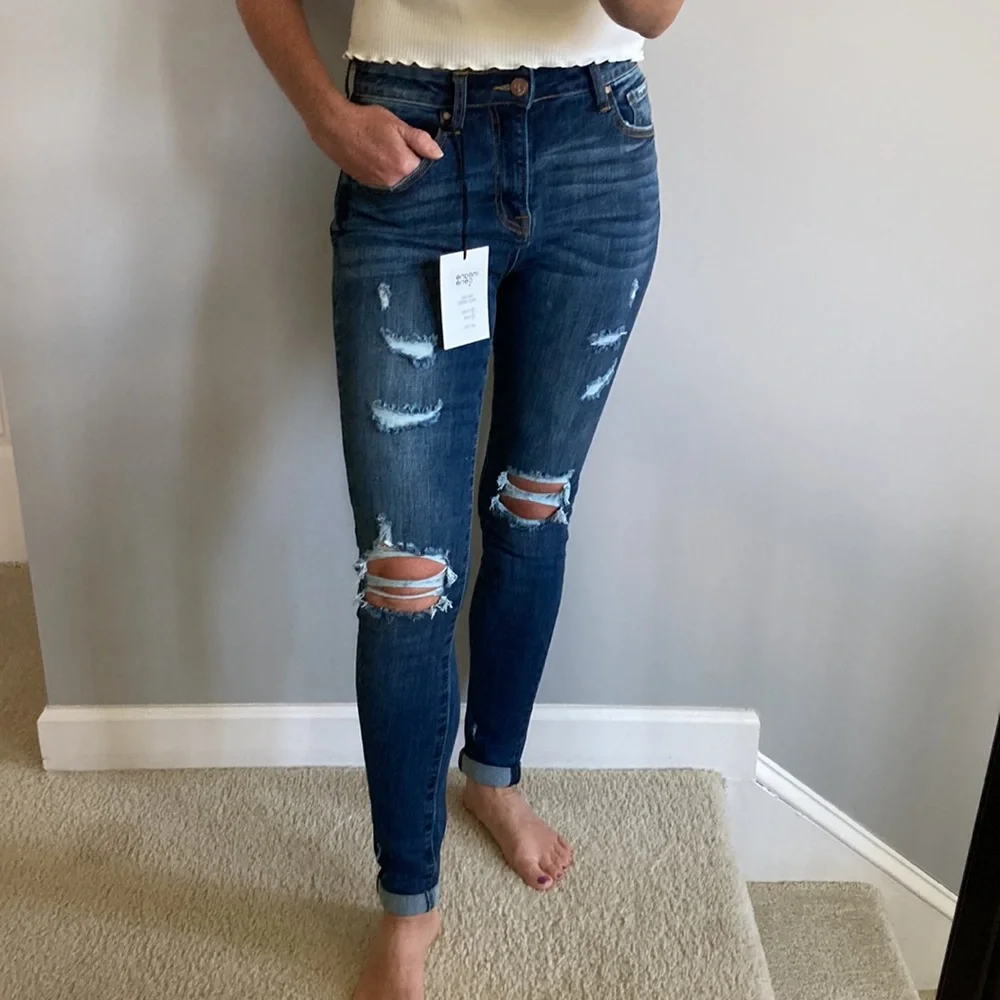 Dark Denim Mid Rise Ankle Skinny Distressed Jeans - Picture 8 of 8